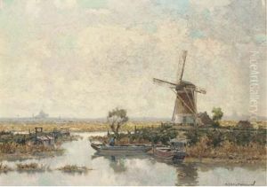 Bij Voorschoten: Windmill In A Polder Landscape by Gerard Delfgaauw