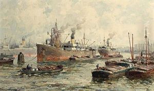 Ships In The Rotterdam Harbour by Gerard Delfgaauw