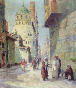 A Street Scene With A Mosque, Cairo