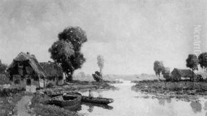 Boats On A River Before Farm Buildings by Gerard Delfgaauw