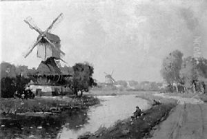 Windmills Along A Meandering River With Anglers