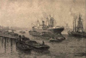 A Rotterdam Harbour With Various Shipping by Gerard Delfgaauw