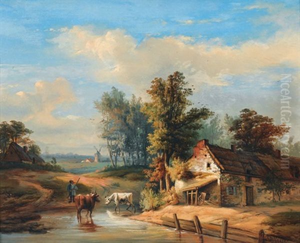 Bauer Mit Kuhen Bei Furt Und Gehoft - view 1