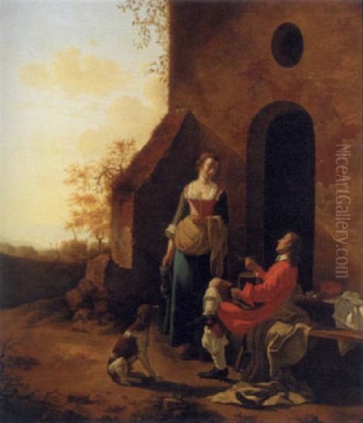 Figures With A Dog Outside A House - view 1