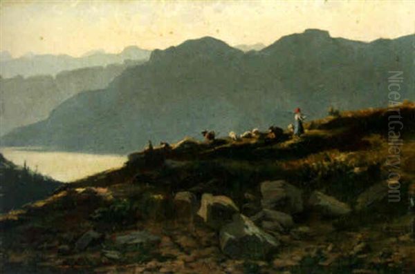 A Shepherd With Cows And Sheep In A Rocky Landscape - view 1
