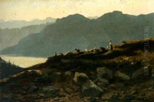 A Shepherd With Cows And Sheep In A Rocky Landscape by Lorenzo Delleani