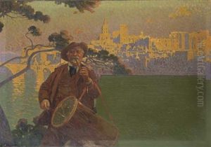 Autoportrait De L'artiste Avec Un Tambour Devant Avignon Au Coucher Du Soleil (design For Poster)