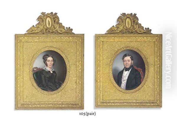 A Lady, In Black Moire Silk Dress With Gauze Fichu And A Cameo, Brown Hair In A Bun And Ringlets; A Gentleman, In Black Coat (pair) - view 1