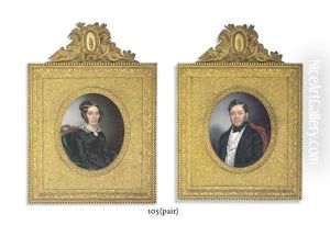 A Lady, In Black Moire Silk Dress With Gauze Fichu And A Cameo, Brown Hair In A Bun And Ringlets; A Gentleman, In Black Coat (pair) by Felix Delmont