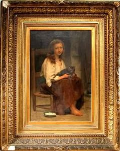Portrait Of A Young Country Girl In A Cane-seat Chair With A Cat In Her Lap, Pan Of Milk On The Floor