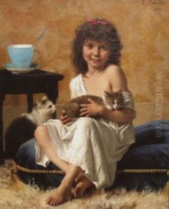 Portrait Of A Young Girl Seated On A Blue Floor Cushion With Cats Portrait Of A Young Girl Seated On A Blue Floor Cushion With Cats