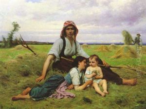 The Hay Gatherers At Rest In A Field by Francois Alfred Delobbe