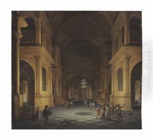 A Darkened Church Interior With Elegant Figures by Anthonie Delorme