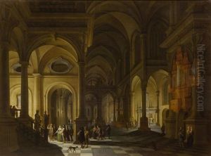 Interior Of A Church With Figures by Anthonie Delorme