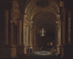 A Darkened Church Interior With Children Playing And Elegant Figures Conversing by Anthonie Delorme