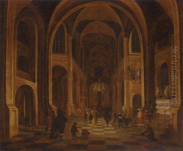The Interior Of A Church At Night, With Elegant Figures In The Foreground - view 1