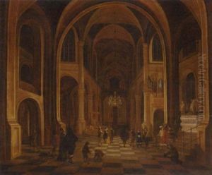 The Interior Of A Church At Night, With Elegant Figures In The Foreground by Anthonie Delorme
