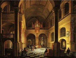The Interior Of A Protestant Church At Night With Elegant Figures In The Foreground by Anthonie Delorme