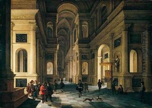 A Church Interior At Night With Numerous Figures by Anthonie Delorme
