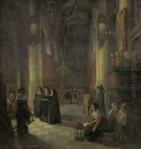 Elegant Women And Other Townsfolk In The Aisle Of A Gothic Church At Night by Anthonie Delorme