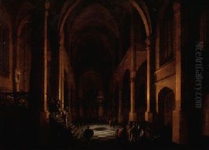 A Nocturnal Capriccio Of A Church Interior With A Paved Floor