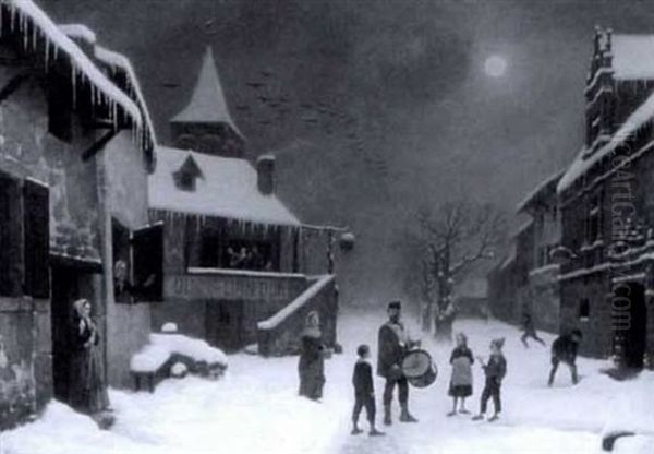 Winter Street Scene At Night With Multiple Figures And Drummer - view 1