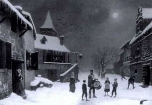 Winter Street Scene At Night With Multiple Figures And Drummer by Hubert Delorme