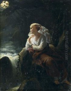 Jeune Fille Revant Au Bord D'une Cascade Au Clair De Lune by Pierre Claude Francois Delorme