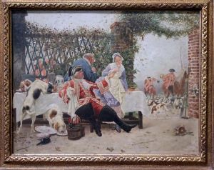 A Hunt Luncheon, With Huntsmen Readying The Hounds, The Master Trying To Attract The Attention Of A Maid And Dogs Scavenging From The Table by Charles Edouard Edmond Delort