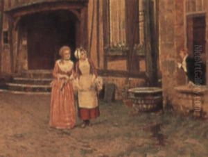 Writer Leaning Out Window To Admire Two Women by Charles Edouard Edmond Delort