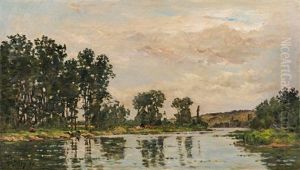 A French River Landscape by Hippolyte Camille Delpy