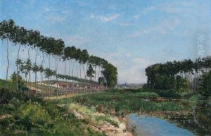 A Tree-lined River Landscape, A Village Beyond A Tree-lined River Landscape, A Village Beyond