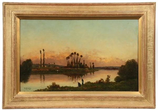 Washerwomen Working At River's Edge, Dusk - view 1