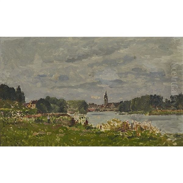 Summer River With Village - view 1