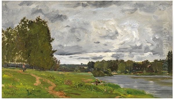 Paysage A La Riviere Et Lavandieres - view 1
