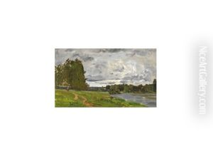 Paysage A La Riviere Et Lavandieres by Hippolyte Camille Delpy