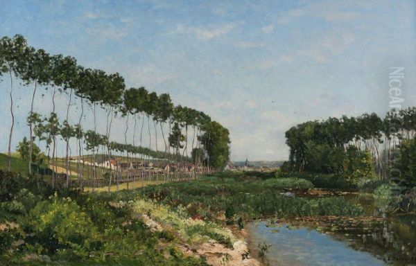 A Tree-lined River Landscape, A Village Beyond - view 1