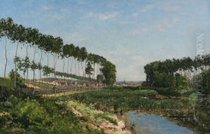 A Tree-lined River Landscape, A Village Beyond A Tree-lined River Landscape, A Village Beyond