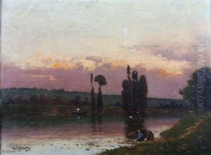 Soleil Couchant Sur La Seine by Hippolyte Camille Delpy