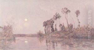 A Wooded River Landscape At Dusk by Hippolyte Camille Delpy