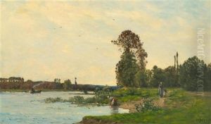 A Landscape With Washerwomen By A River (au Bord De L'oise) by Hippolyte Camille Delpy