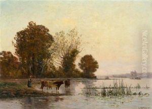 A Peasant Woman With Cattle In A Riverbed At Sunset by Hippolyte Camille Delpy