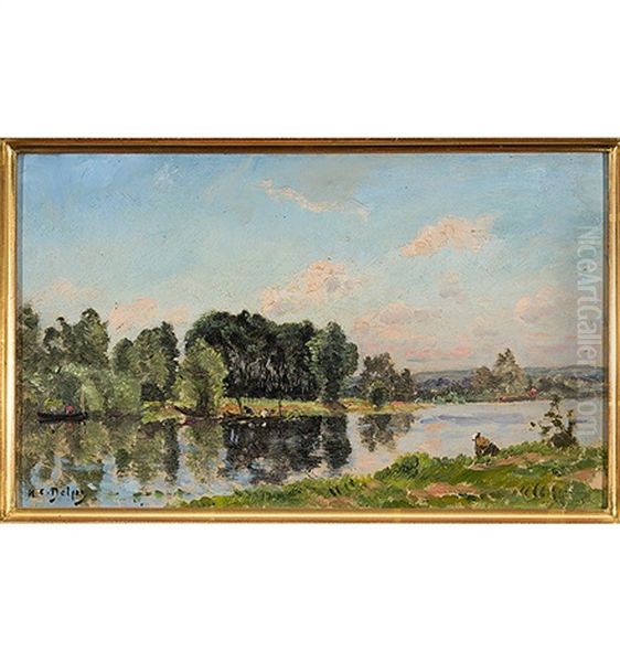 Sonnenbeschienene Flusslandschaft Mit Figurenstaffage - view 1
