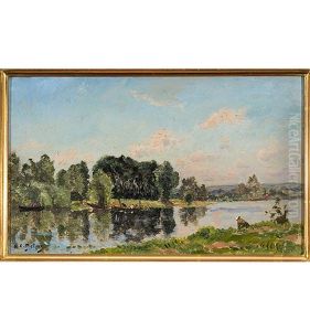 Sonnenbeschienene Flusslandschaft Mit Figurenstaffage by Hippolyte Camille Delpy