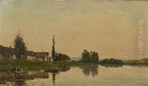 Lavandiere Au Bord De La Seine A Portejoie by Hippolyte Camille Delpy