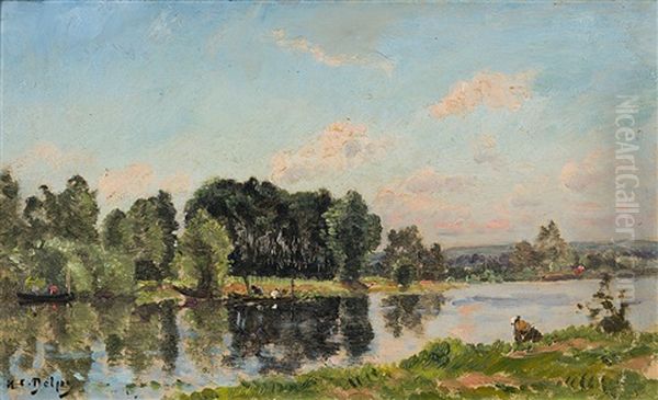 Sonnenbeschienene Flusslandschaft Mit Figurenstaffage - view 1