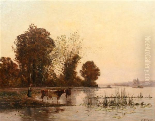 Vachere Et Son Troupeau A L'etang - view 1