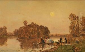 Lavandieres En Bord De Riviere, Soleil Couchant by Hippolyte Camille Delpy