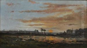 Sonnenuntergang An Der Loire, Im Vordergrund Zwei Wascherinnen by Hippolyte Camille Delpy