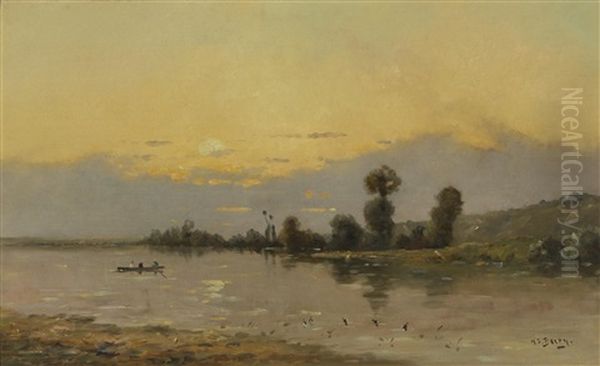 A River View At Sunset With Figures In A Boat - view 1